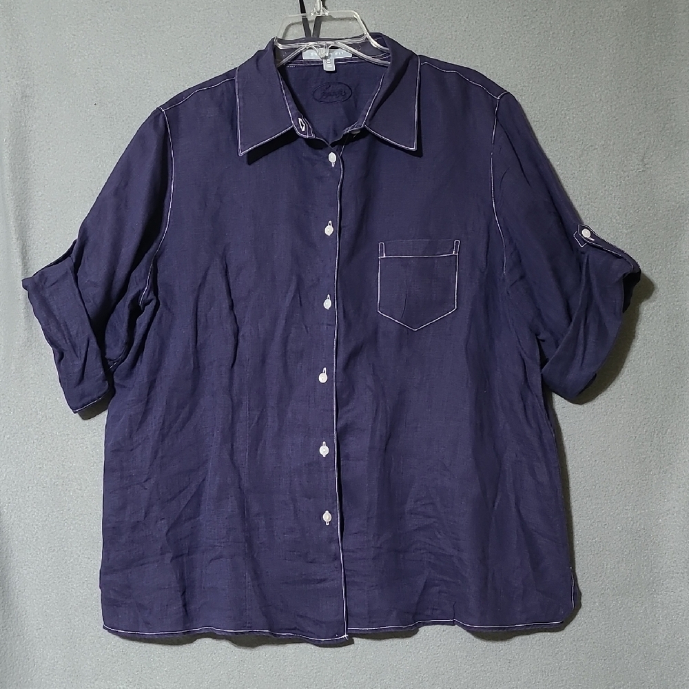 FOXCROFT Women's Navy Blue‎ 100% Linen Casual Button Up Blouse - Size 16W